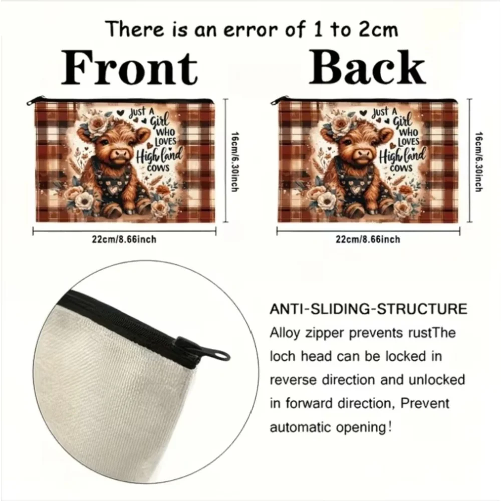 Women's Highland Cow Plaid Cosmetic Bag One Size Brown Beige